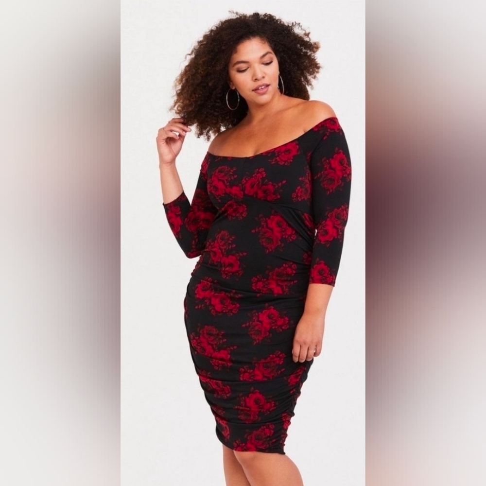 Torrid Off-Shoulder Black and Red Floral Dress
